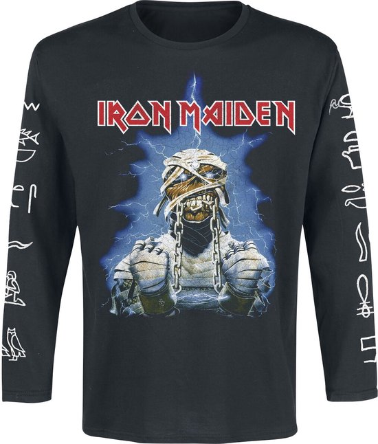 Zwart shirt met lange mouwen met op de voorkant een mummie met kettingen, omringd door bliksem en de bandnaam "IRON MAIDEN".