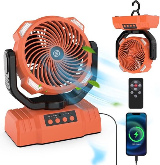 AKOFIC Ventilator met zonnepaneel, 10400 mAh, oplaadbare campingventilator, werkt op batterijen, draagbaar, met ledlampen, 4 snelheden, stille tafelventilator voor op reis
