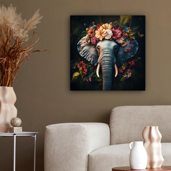 Tableau sur toile 50x50 cm - Décoration murale Éléphant - Animaux - Fleurs - Nature - Décoration murale salon - Décoration chambre - Accessoires chambre - Peintures