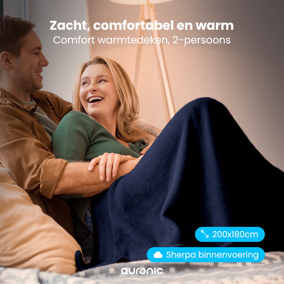 Afbeelding 2 van Auronic Elektrische Deken - Warmtedeken - Sherpa Fleece - 9 Hitte en Timerstanden - Bovendeken - 200x180 - 2 persoons - Blauw