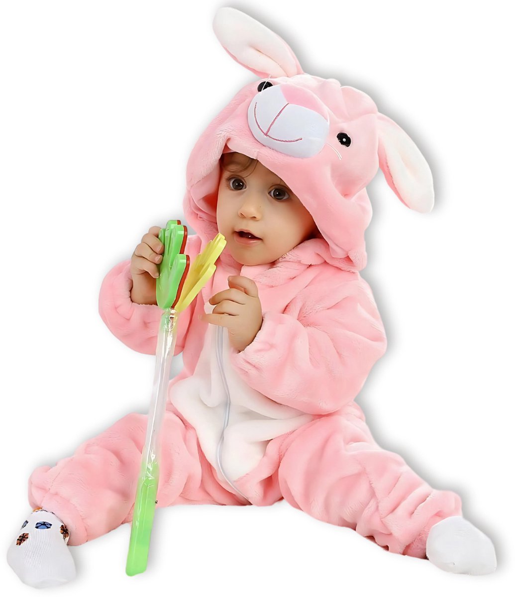 BoefieBoef Dieren Baby Onesie Peuter Pyjama Kinderen 6 maanden - 2 jaar – Konijn roze – Verkleedkleding met Luierrits – Kerst Carnaval Dierenpak - Kraamcadeau – Zacht Flanel - Romper - Boxpak - Jongen - Meisjes - Kruippak - Winterpak - Pasen - Rabbit