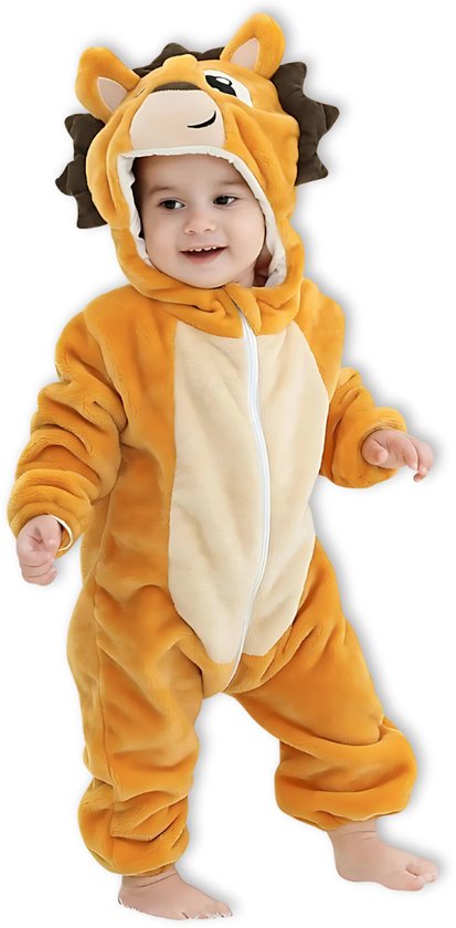 BoefieBoef Dieren Baby Onesie Peuter Pyjama Kinderen 6 maanden tot 2 jaar – Leeuw Geel – Verkleedkleding met Luierrits – Voor Carnaval Dierenpak - Verjaardag- en Kraamcadeau – Flanel - Romper - Boxpak - Jongens - Meisjes - Kruippak - Winterpak
