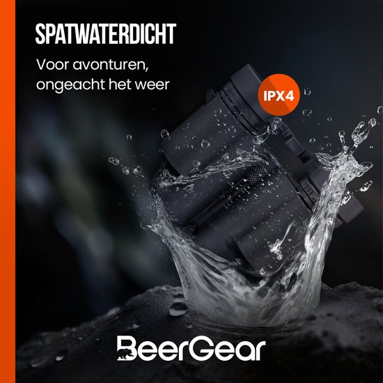 Zwarte BeerGear verrekijker in water, met tekst 'SPATWATERDICHT IPX4'.