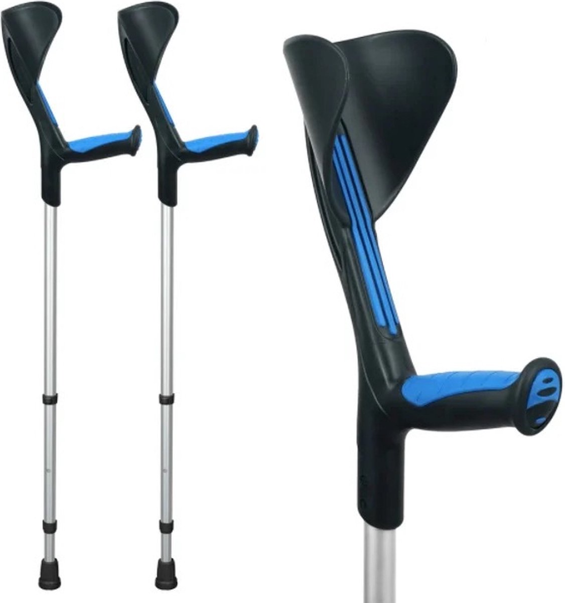 Goedkoopste Advance elleboogkrukken met flexibele doppen, blauw - loopkrukken - krukken open manchet. Set - paar van 2