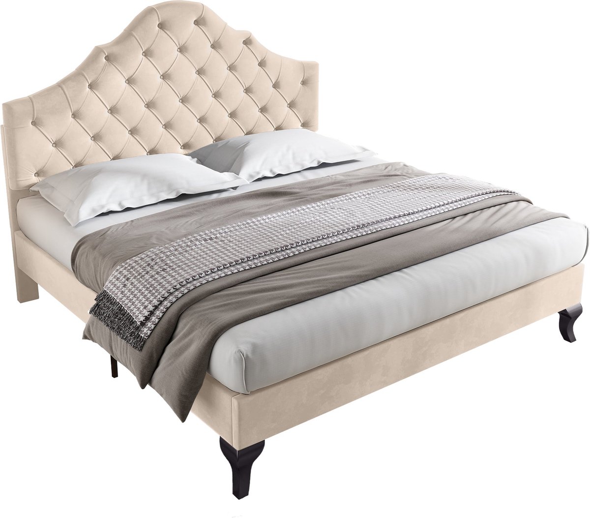 Merax Lit capitonné 140*190 avec sommier à lattes et tête de lit, lit capitonné avec tête de lit réglable en hauteur, pour adultes et ados, sommier à lattes bois, montage facile, velours,beige