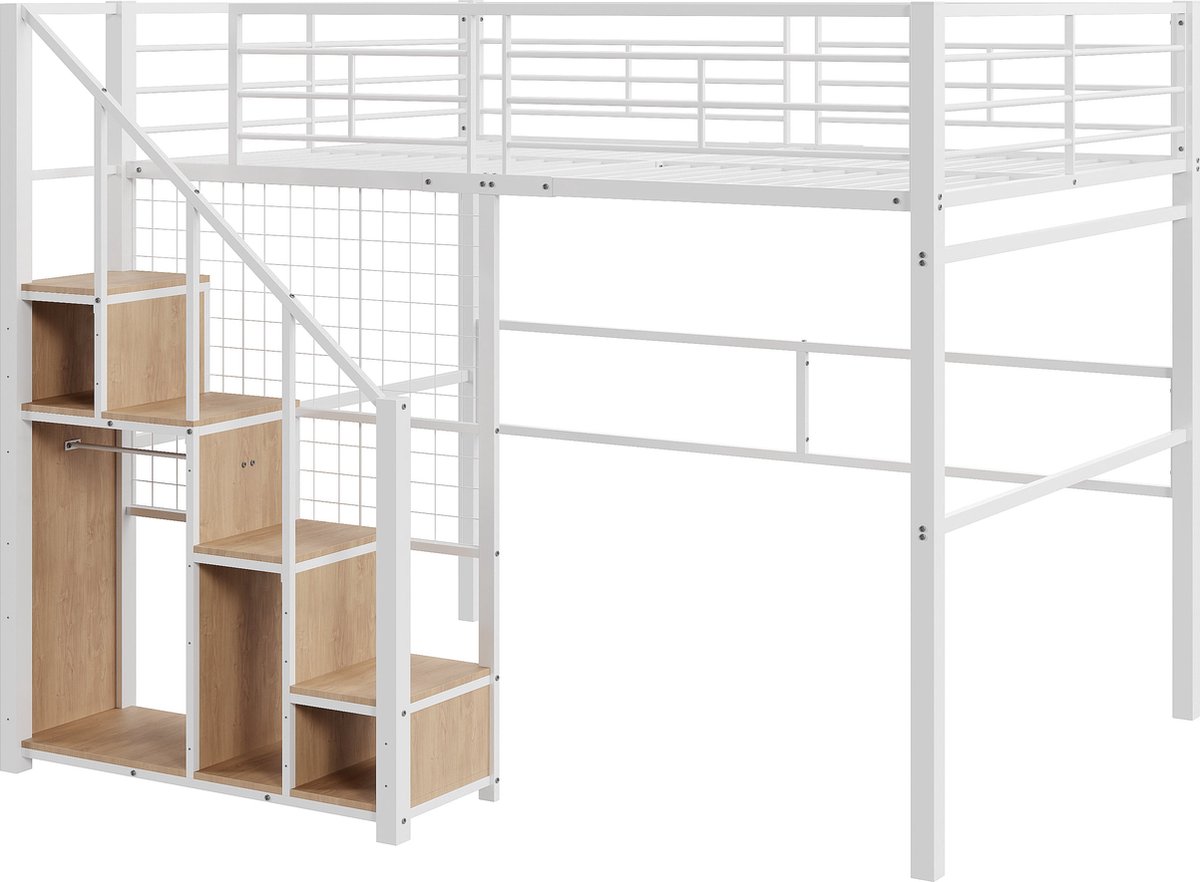 Merax Hoogslaper 140x200 cm met Uitvalbeveiliging - Kinderbed met Metalen Frame en Opbergruimte - Wit met Bruin