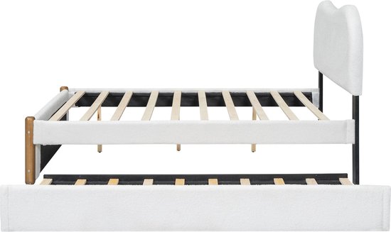 Lit rembourré Merax 140x200 cm avec lit à roulettes extractible - Design minimaliste - Wit - MDF et Tissus doux - Sommier à lattes inclus
