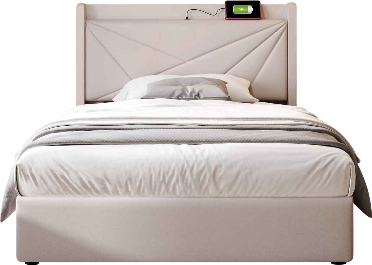Merax Eenpersoonsbed 90x200cm met Opbergruimte en USB Type-C - Beige - Gestoffeerd Bed met Hydraulisch Lattenbodem
