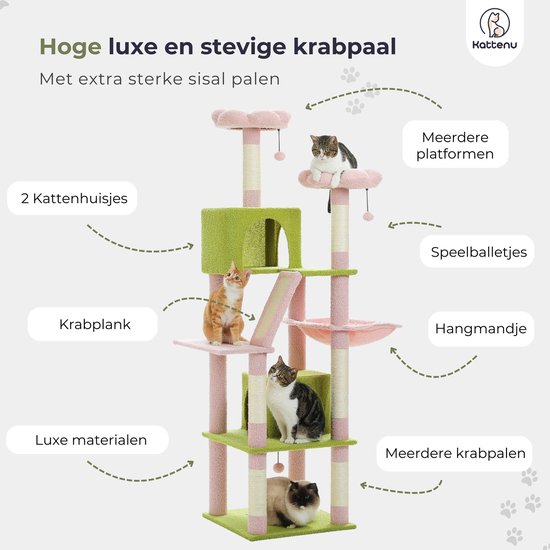 Hoge krabpaal met roze en groene platformen, huisjes, hangmand en krabpalen. Er zitten vier katten op.