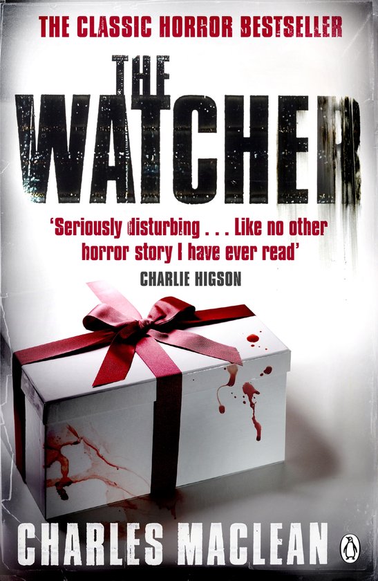 De omslag van het boek 'The Watcher' van Charles Maclean. Een wit geschenkdoosje met rood lint, besmeurd met bloedspatten.