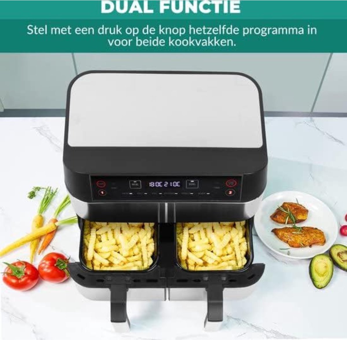 Afbeelding 2 van Equivera Dubbele Airfryer - Dubbele Mand - Dual Cook - Heteluchtfriteuse - Verschillende Programma's - Dual Zone - Mega