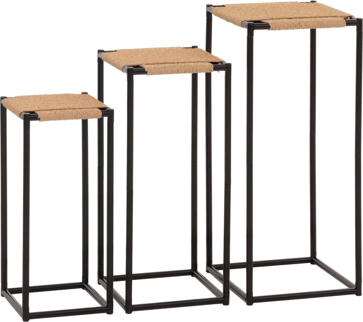 MCW Set van 3 bloementafels MCW-N70, bijzettafel bloemenstandaard plank, stapelbaar, metalen papieren koord ~ natuurlijke kleur