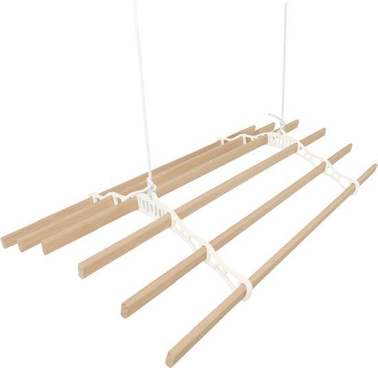Sèche-linge plafond avec système de poulies en Ivoire, 6 Lattes en bois de 1,8m | Capacité de charge de 30 kg | Kit de montage GRATUIT | Étendoir suspendu pour Vêtements