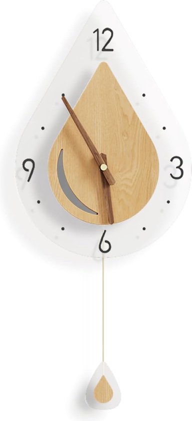 Moderne grote wandklok zonder tikkende geluiden met slinger, moderne woonkamer wandklok waterdruppeldesign, hout & acryl slinger geruisloze wandklokken, zonder secondewijzer
