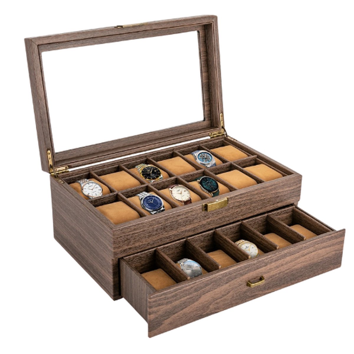 Tumex - Horloge doos Hout - Horlogebox - 24 Vakken - Horloge Opbergdoos - Met Glasvenster - Dubbele Lagen - 34x21x15 cm