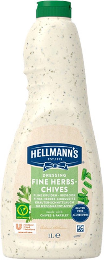 Hellmann's Dressing Fijne Kruiden-Bieslook in een witte knijpfles met groene dop. De dressing bevat groene kruiden en bieslook.