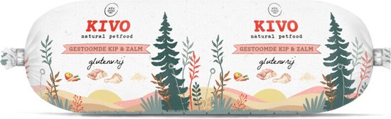 Kivo natural petfood: gestoomde kip & zalm, glutenvrij. De verpakking toont bomen en planten.