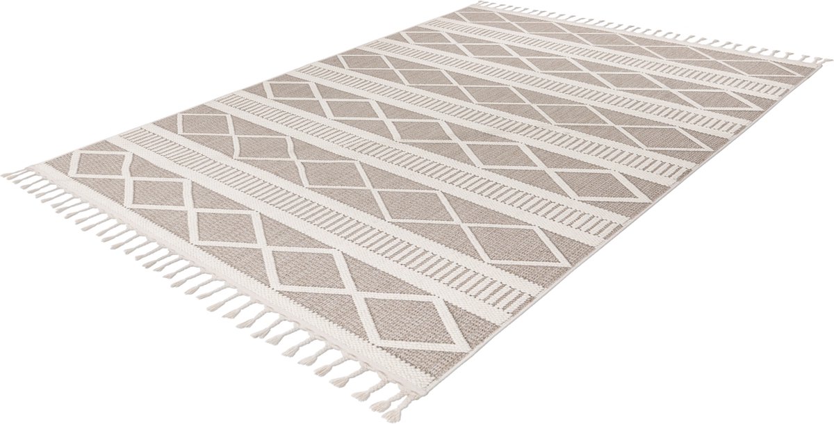 Lalee Tunis plat geweven vloerkleed Bohemian tapijt hoog en laagpolig 3d met grote franjes tijdloos 160x230cm beige