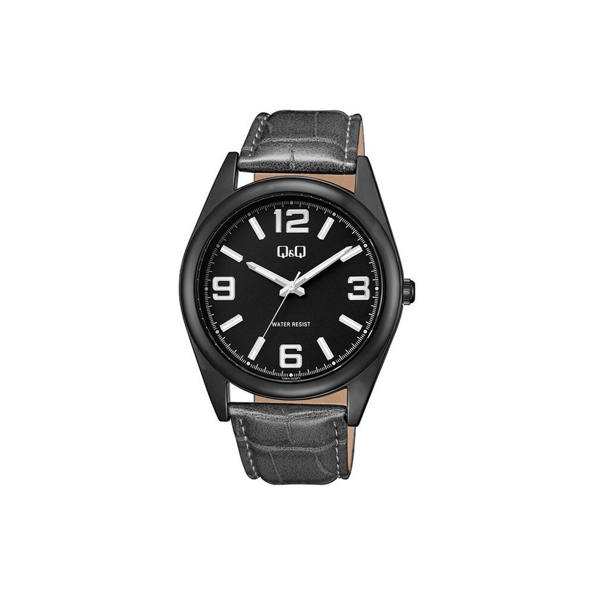 QQ Q68A-003PY - Horloge - Analoog - Heren - Mannen - Leren band - Rond - Metaal - Cijfers - Strepen - Grijs - Gun - 3 ATM