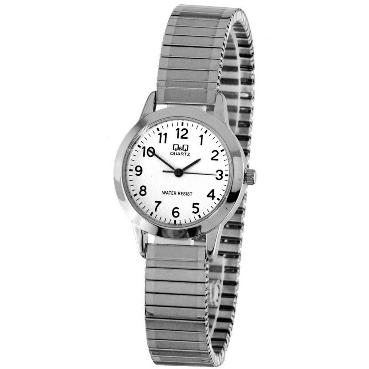 QQ Q947J804 - Horloge - Analoog - Dames - Vrouwen - Rekbare stalen band - Rond - Metaal - Cijfers - Zilverkleurig - Wit