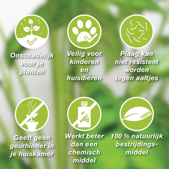 Zes iconen met tekst: Onschadelijk voor planten, Veilig voor kinderen en huisdieren, Plagen worden niet resistent, Geurloos, Werkt beter dan chemisch middel, 100% natuurlijk.