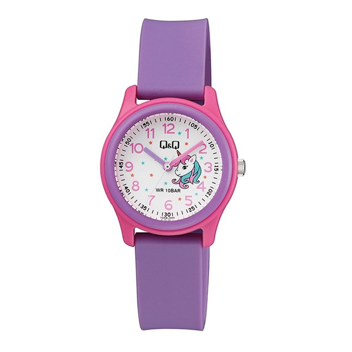 QQ VS59J003Y - Horloge - Sport - Analoog - Kinderen - Unisex - Plastic band - Rond - Kunststof - Cijfers - Paars - Fuchsia - 10 ATM