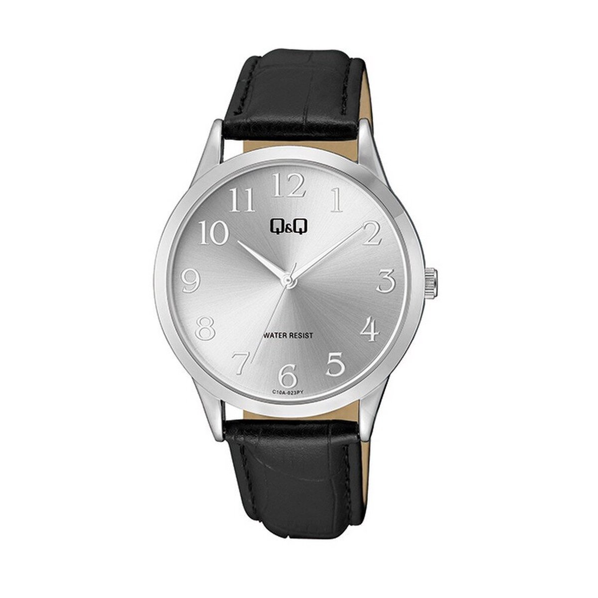 QQ C10A-023PY - Horloge - Analoog - Unisex - leren band - Rond - Metaal - Cijfers - Zwart - Zilverkleurig
