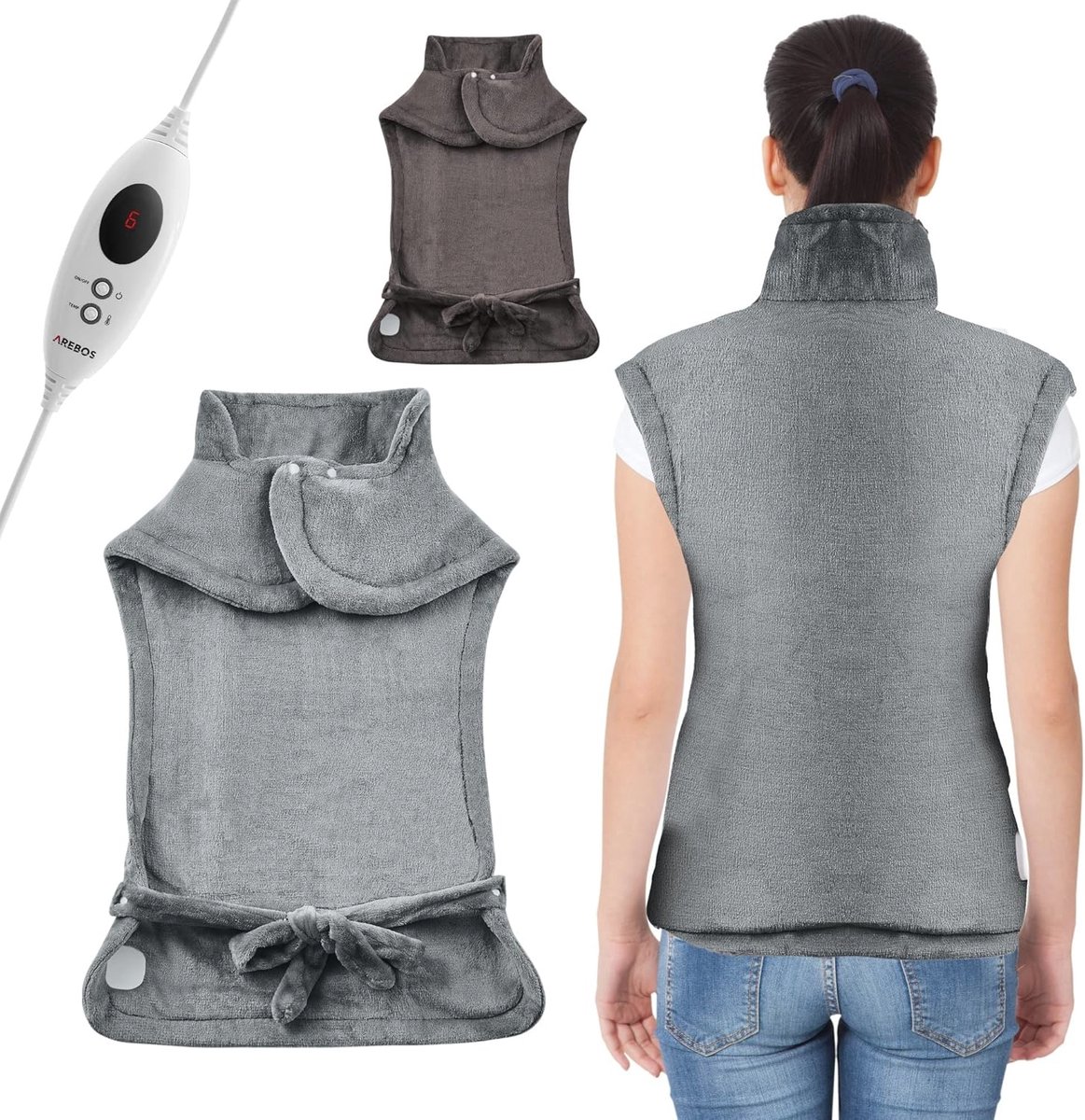 Verwarmingsvest met 6 temperatuurstanden | Verwarmingskussen voor rug, schouder en nek met automatische uitschakeling en veiligheid | Inclusief LED-afstandsbediening | Grijs