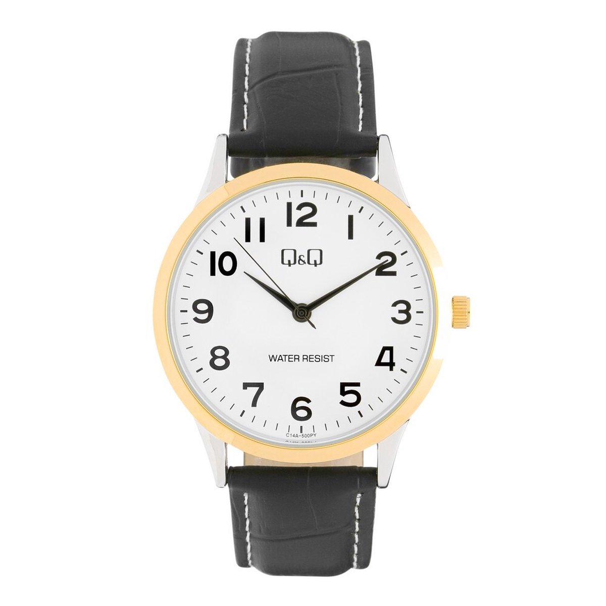 QQ C14A-500PY - Horloge - Analoog - Heren - Mannen - Leren band - Rond - Staal - Zwart - Zilverkleurig - Goudkleurig