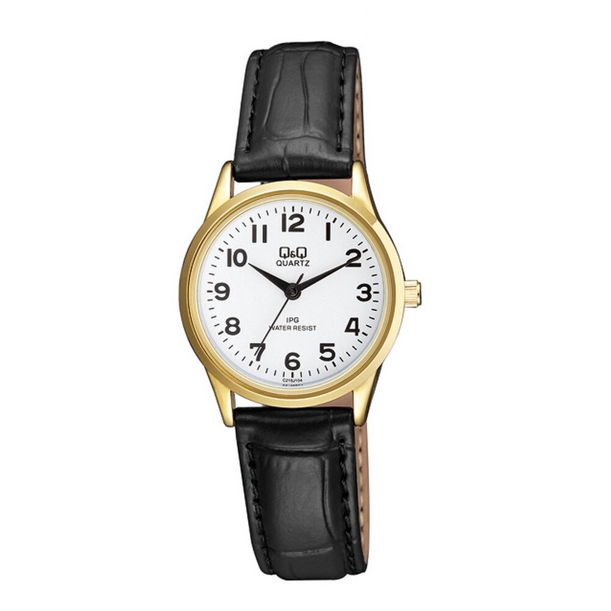 QQ C215J104Y - Horloge - Analoog - Vrouwen - Dames - Leren band - Rond - Metaal - Cijfers - Zwart - Goudkleurig - Wit - 3 ATM