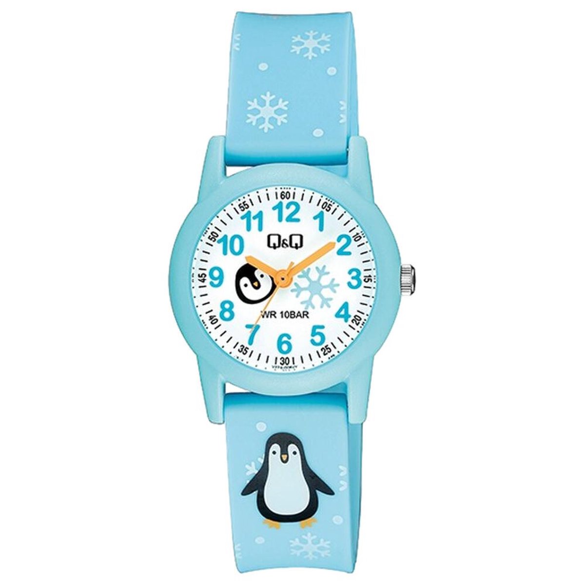 QQ V22A-006VY - Horloge - Sport - Analoog - Kinderen - Unisex - Plastic band - Rond - Kunststof - Cijfers - Sneeuwvlokken - Pinguïn - Lichtblauw - Turkoois Groen - Wit - 10 ATM