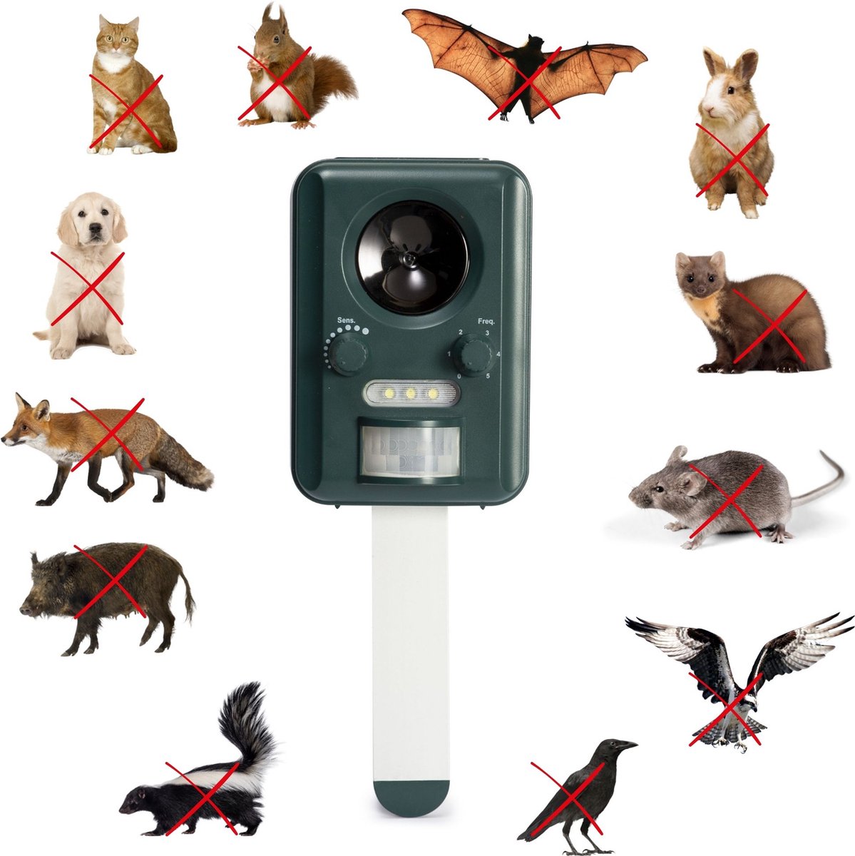Perel Ultrasone ongedierteverjager op zonne-energie, outdoor, afweermiddel tegen muizen, ratten, insecten, katten, marters,vogels, vossen, kattenschrik, marterverjager, oplaadbaar via usb, tot 65m²