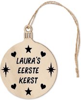 Boule de Noël en bois plate personnalisée avec nom + premier Noël. 1 face imprimée en Zwart