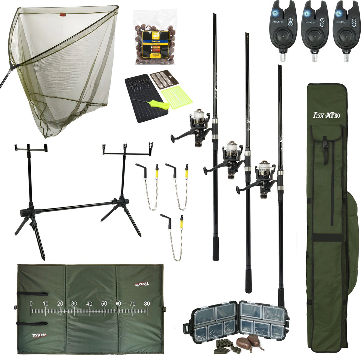 Fish-Xpro Improve mega Karperset 3-rod - 3 Hengels - Molens - Karpernet - Rodpod -Beetmelders - Onthaakmat - Foudraal