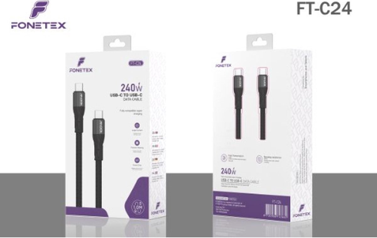 FoneTex USB-C naar USB-C Kabel 1M - USB 4.0 Snellader en Datakabel - 240W Oplaadkabel - 40Gbps Thunderbolt - 8K 60Hz & 4K 120Hz Ondersteuning - USBC Oplaadkabel geschikt voor Samsung, iPhone 15, iPad, MacBook en meer - Zwart
