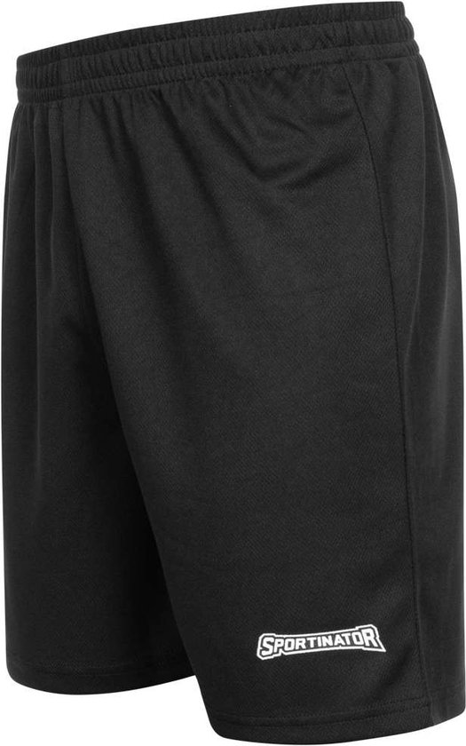 Zwarte Sportinator trainingsshort met elastische tailleband en logo op de linker pijp.