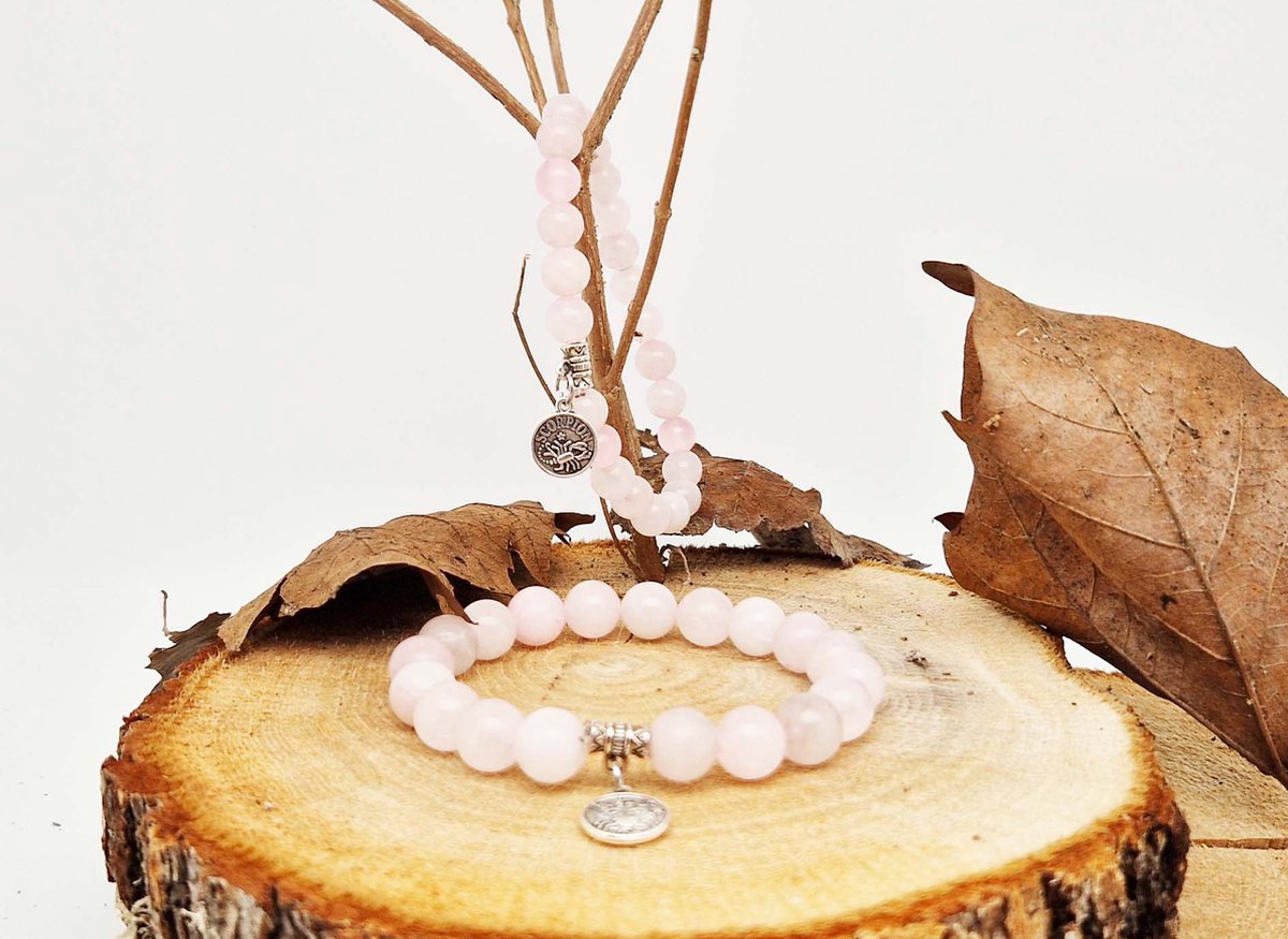 Handgemaakte natuursteen Geluksarmband met hanger "Astrologische Symbolen " Roze kwartz " -8 mm diameter van de korrel- Diameter armband 20 cm - Kies je favoriete Astrologische Symbolen - Een mooi cadeau voor familie en vrienden