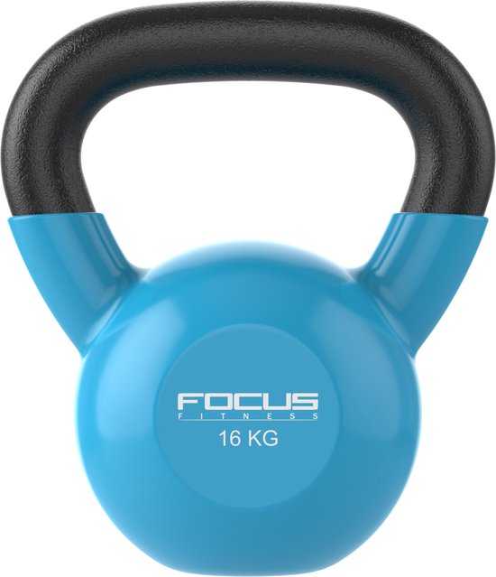 Blauwe kettlebell van 16 kg met zwart handvat en FOCUS FITNESS logo.