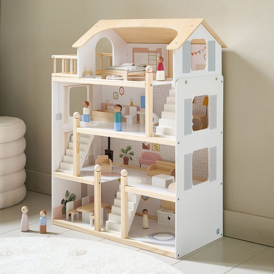 Houten poppenhuis met vier verdiepingen, wit met naturel hout. Inclusief poppetjes en meubels.