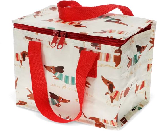 Sac à lunch blanc à motif de teckels en pulls rayés. Poignées et fermeture éclair rouges.