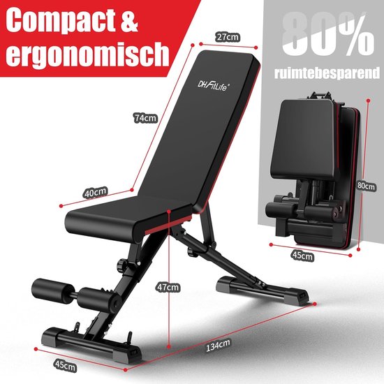 DH FitLife Banc de musculation pliable et réglable, banc incliné et banc plat pour développé couché, appareil d'entraînement du dos et des abdominaux, banc d'entraînement, banc de fitness, multifonctionnel pour le fitness et la musculation