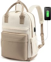 Vermanto Rugzak - Rugtas - Dames - Meisjes - Vrouwen - Laptop - Boekentas - Werk - School - Waterdicht - USB - Beige - Wit
