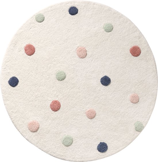 Petite Amélie Vloerkleed Kinderkamer Wit met Stippen - 100% Katoen - Kindertaptij Wasbaar - Perfect toevoeging aan Speelhoek - ⌀ 110 cm