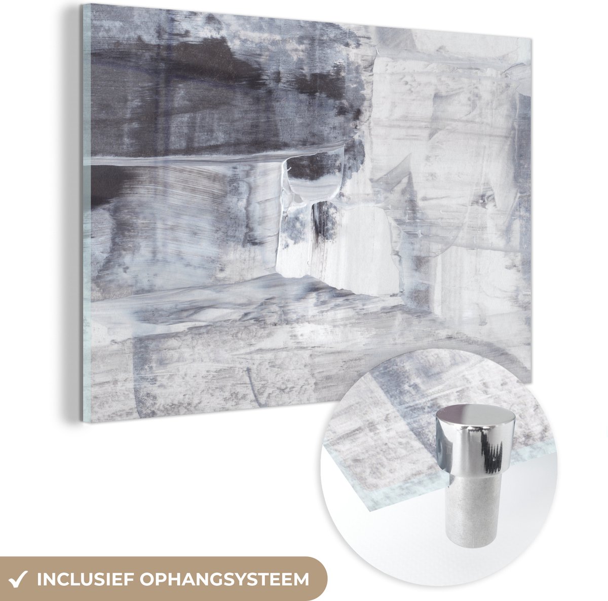 MuchoWow® Glasschilderij 180x120 cm - Schilderij acrylglas - Kunst - Verf - Wit - Zwart - Grijs - Foto op glas - Muurdecoratie woonkamer - Wanddecoratie slaapkamer - Schilderijen
