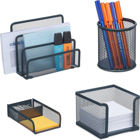 Relaxdays bureau organizer, set van 7, metaal, met pennenhouder, memobox, brievenbak, visitekaartjeshouder, zwart