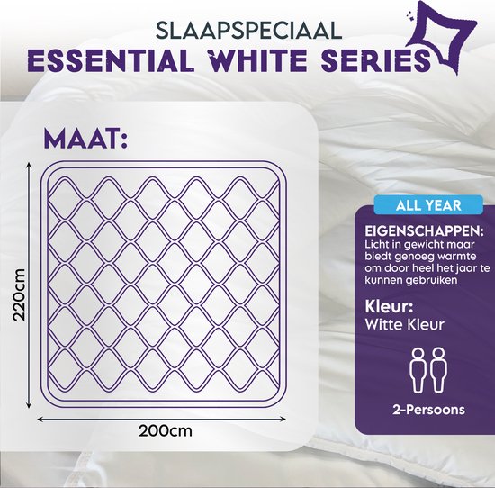 Slaapspeciaal All year dekbed enkel - Essential White Series | 200x220 - Dekbed Geschikt Voor Alle Seizoenen - Zomerdekbed & Winterdekbed - Anti Allergie - Hoogwaardige Ultra Soft - Hotelkwaliteit - Tweepersoons Dekbed - Extra Lang