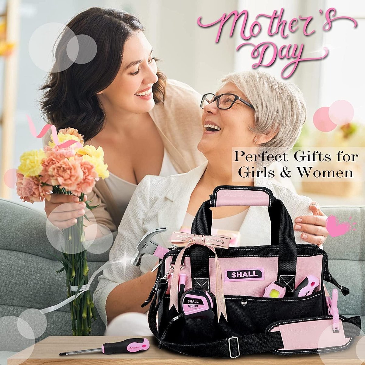 SHALL Roze gereedschapsset, 246-delige basic gereedschapsset voor dames met 14 inch brede opening gereedschapstas, algemeen huishouden handgereedschapsset