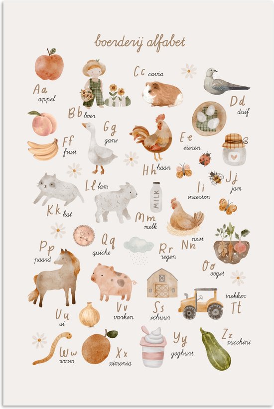Illustrations à l'aquarelle d'une pomme, d'un abricot, d'un cochon, d'un oignon, d'un ver, d'une pomme, d'une glace et d'une courgette, avec des lettres néerlandaises.