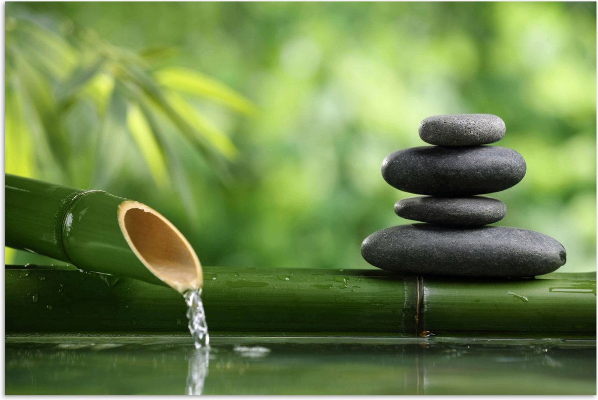 Poster 120x80 cm - Zen - Stenen - Groen - Natuur - Bamboe - Posters - Wanddecoratie badkam