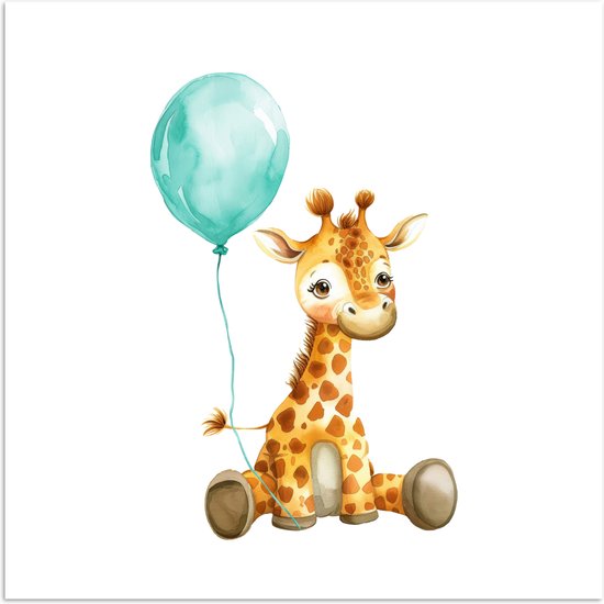 Poster 100x100 cm - Girafe - Bébé - Animaux - Ballon bleu - Posters - Accessoires décoration chambre - Décoration murale chambre enfant - Décoration murale chambre bébé